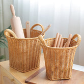 Elegant plastic rattan storage basket ideal for compact organization in kitchens, bathrooms, bedrooms, or living spaces.